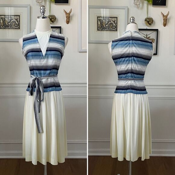 Vintage Dresses & Skirts - Vintage 60s Blue Variegated Stripe Sleeveless Dress S